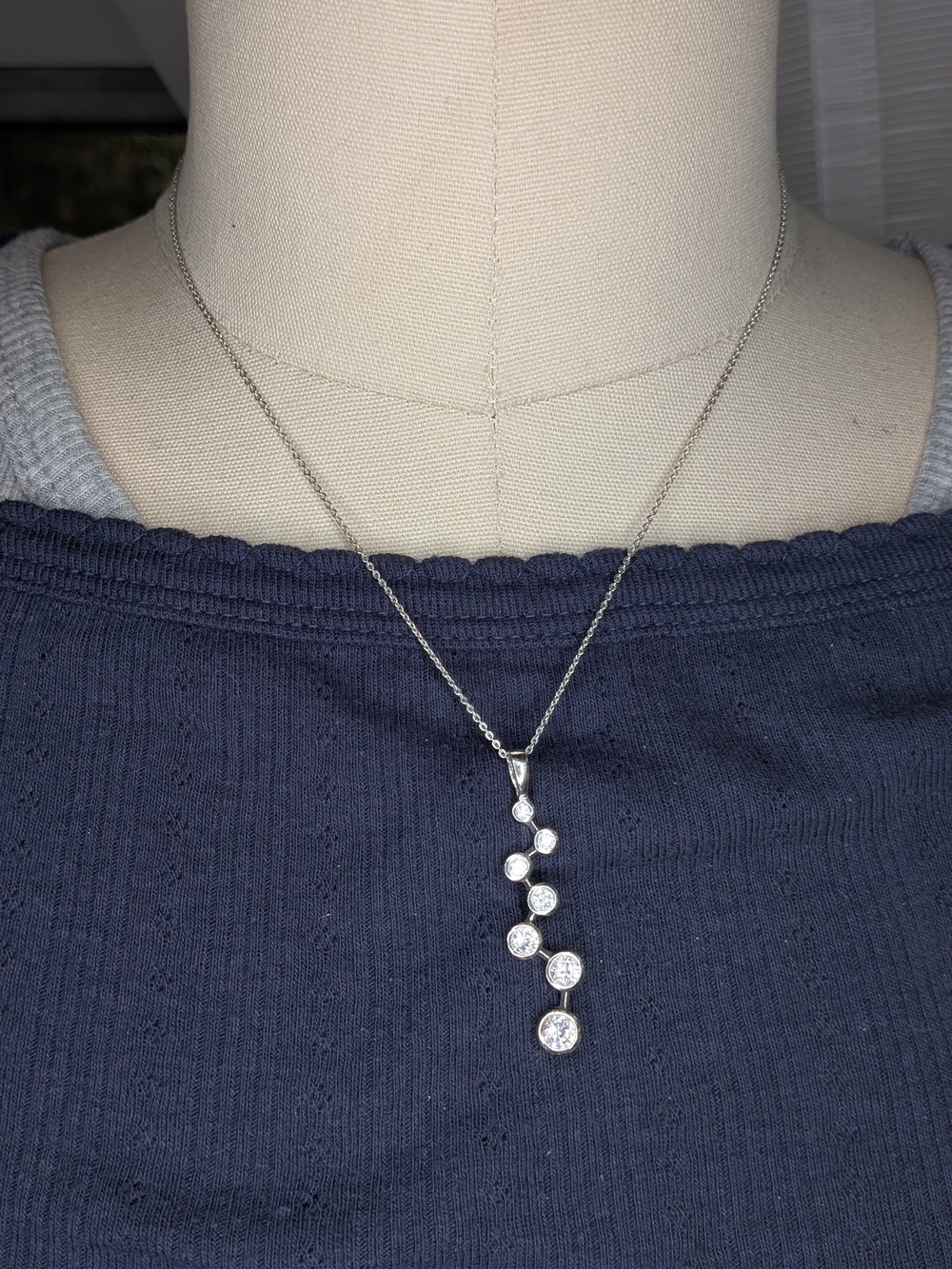 Silver Tone CZ Graduated Zig Zag Journey Drop Pendant Necklace Bezel Set